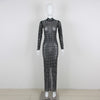 Black half high necked niche full diamond embellished tight fitting long dress