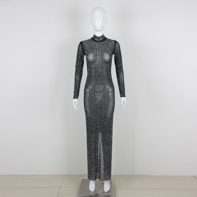 Black half high necked niche full diamond embellished tight fitting long dress