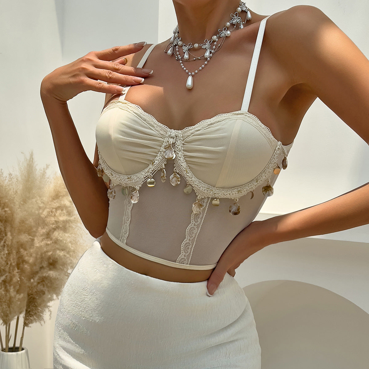 Luxury Mesh Camisole – Underwire Top with Shell Pendant