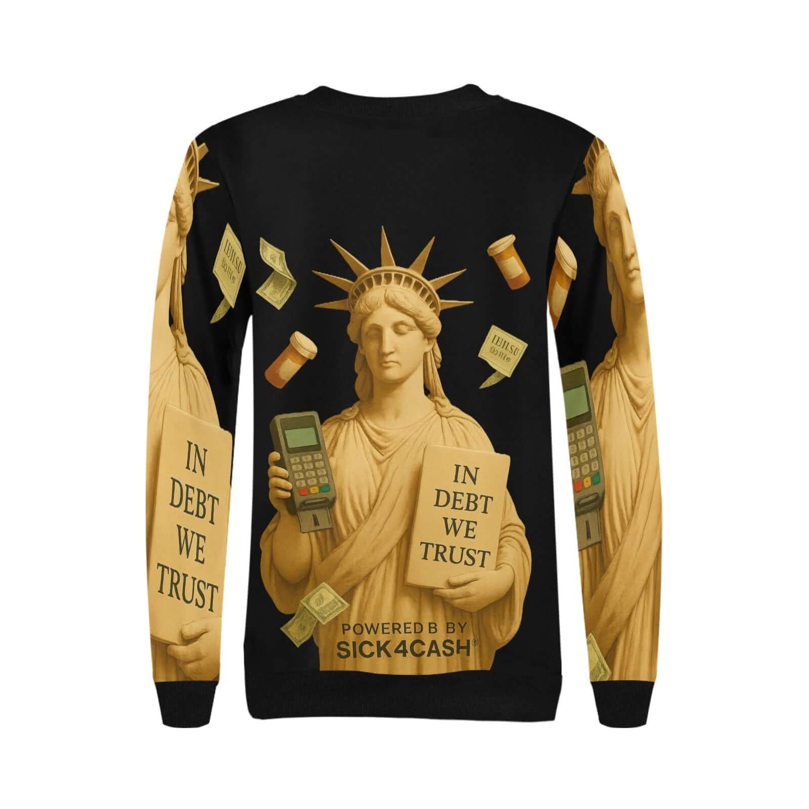 Black sweatshirt with a graphic design of the Statue of Liberty holding a calculator and money, with text on a white background.