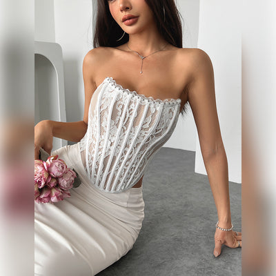 Elegant Pure Temptation Floral Lace Fitted Boned Backless High-End Sexy Wrap Top