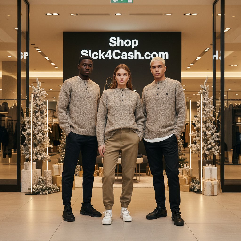 Three people wearing matching outfits in a store with 'Shop Sick4Cash.com' sign.