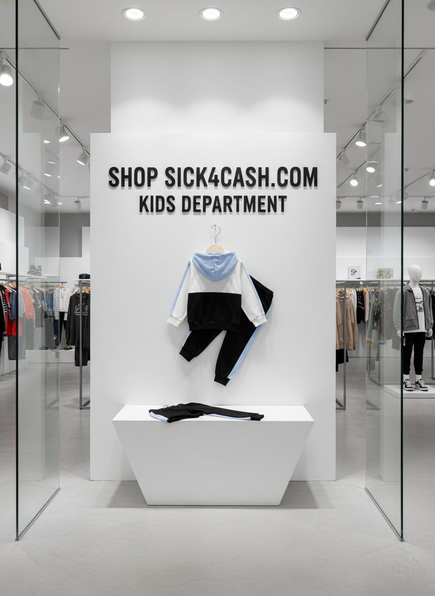 Children's outfit with a white and blue hoodie, black pants, and yellow pocket on a gray background.