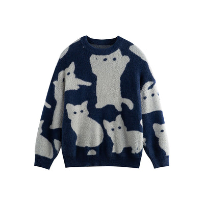 Color-Block Jacquard Knit Sweater Unisex Loose Fit Casual Design