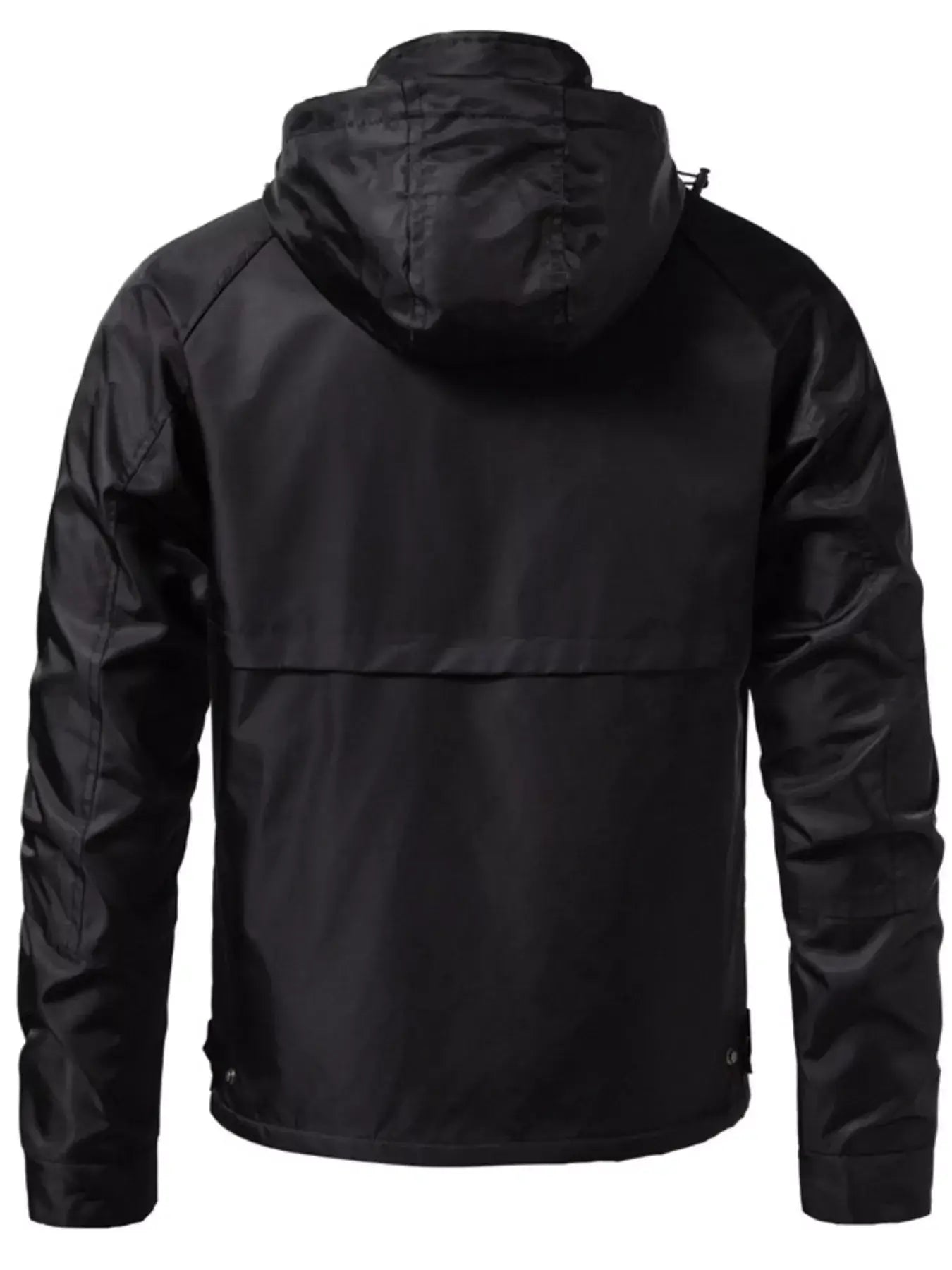 Men's Waterproof Windbreaker Hooded Tactical Jacket - Back view of black jacket with hood.