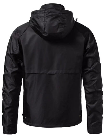 Men's Waterproof Windbreaker Hooded Tactical Jacket - Back view of black jacket with hood.