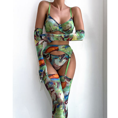 Lingerie Set with Gloves and Stockings - Mesh Printed Design