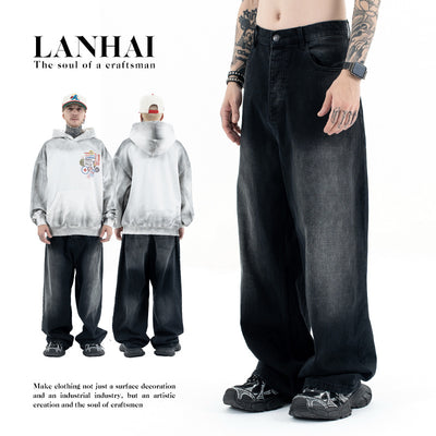 Black and Grey Straight Loose Casual  Denim Pants for Men and Women