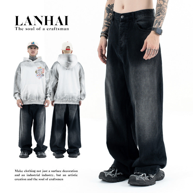 Black and Grey Straight Loose Casual  Denim Pants for Men and Women