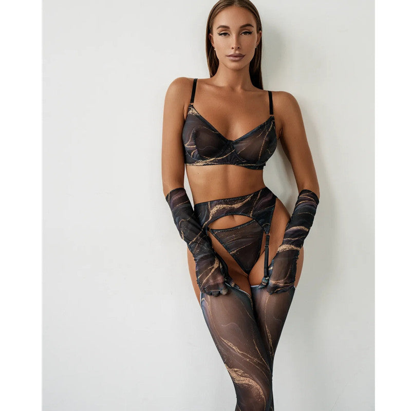 Lingerie Set with Gloves and Stockings - Mesh Printed Design