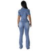 S4C European and American tight waist slim fit elastic stir fried flower washed denim jumpsuit jumpsuit flared pants