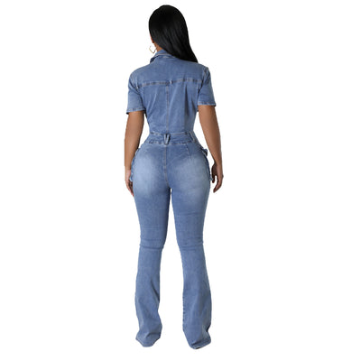 S4C European and American tight waist slim fit elastic stir fried flower washed denim jumpsuit jumpsuit flared pants
