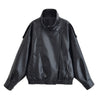 Stand collar long sleeved lychee patterned PU jacket for women