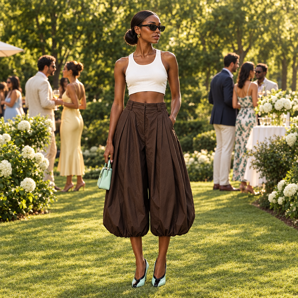 Model wearing brown balloon pants with pointed-toe heels outdoors on grass