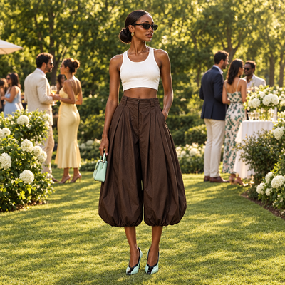 Model wearing brown balloon pants with pointed-toe heels outdoors on grass