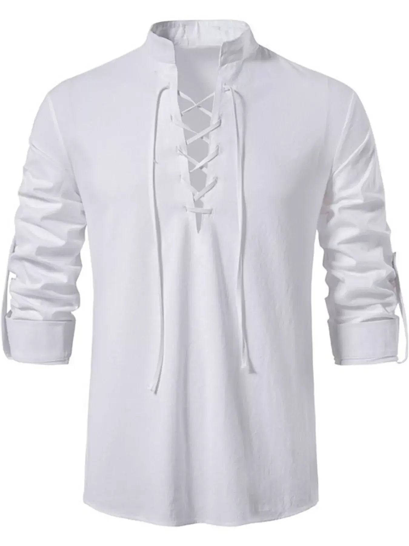 White long-sleeve shirt with lace-up front design on a white background