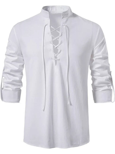 White long-sleeve shirt with lace-up front design on a white background