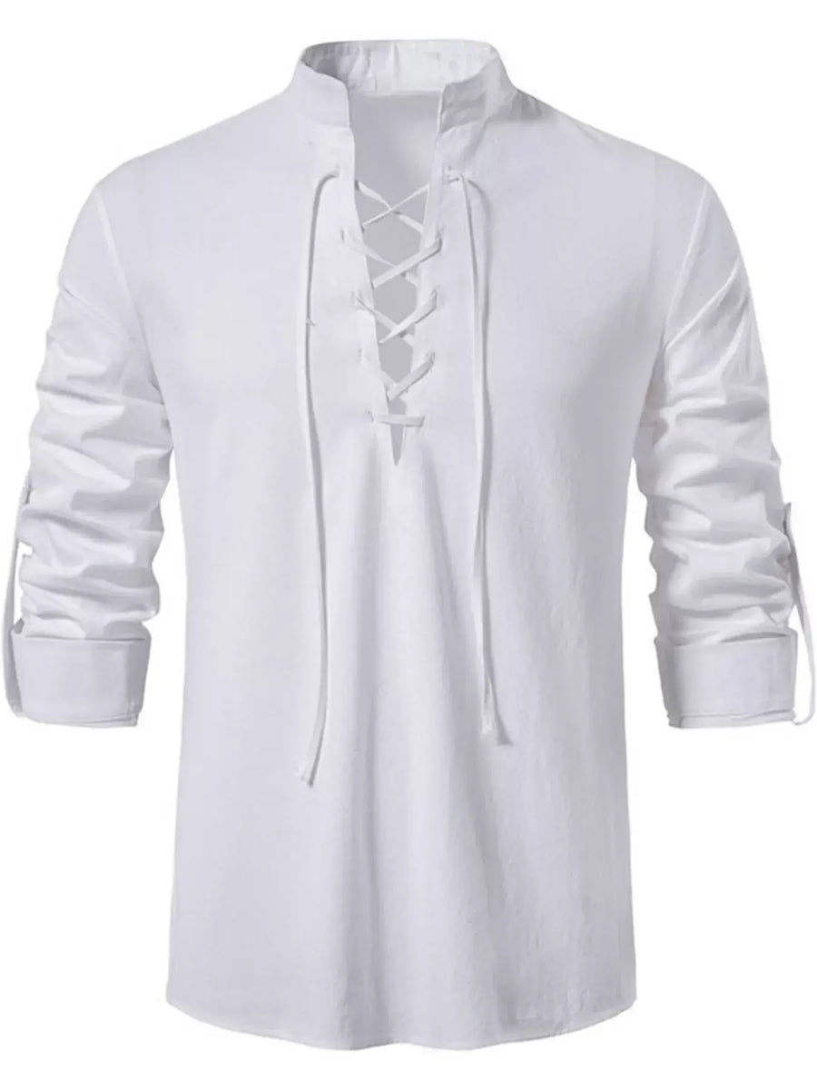 White long-sleeve shirt with lace-up front design on a white background