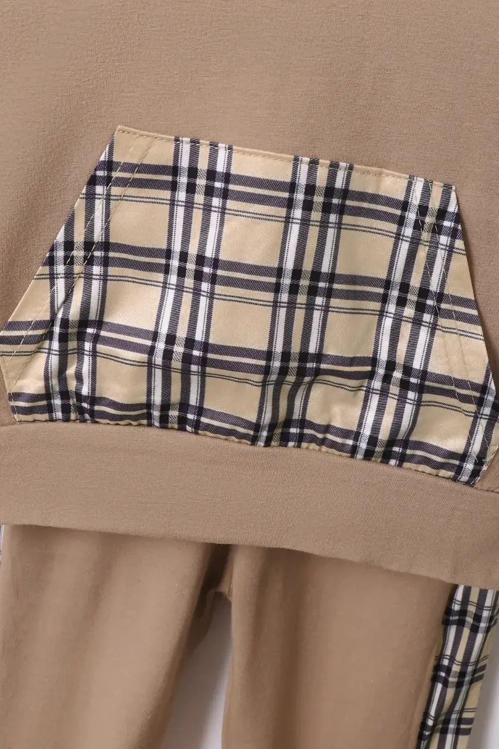 Children's Plaid Hoodie and pants Set showing pocket detail with plaid fabric.