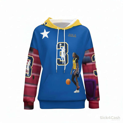 Jala McKnight Sleeve Hoodie – Adult | Powered by SICK4CASH® in blue with basketball graphics and dropped shoulders.