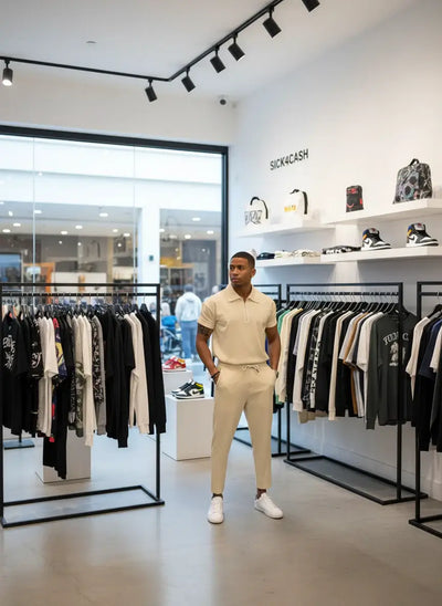Person wearing a beige polo shirt and pants set against a gray wall.
