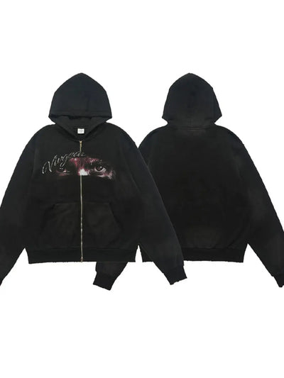 Men's Graphic Zip-Up Hoodie with Pockets in black featuring a unique design and comfortable fit.