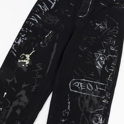 Graffiti washed denim jeans for men and women