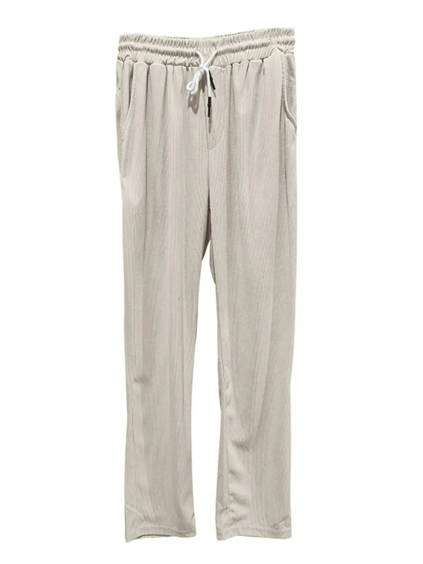 Beige pants with a drawstring on a white background