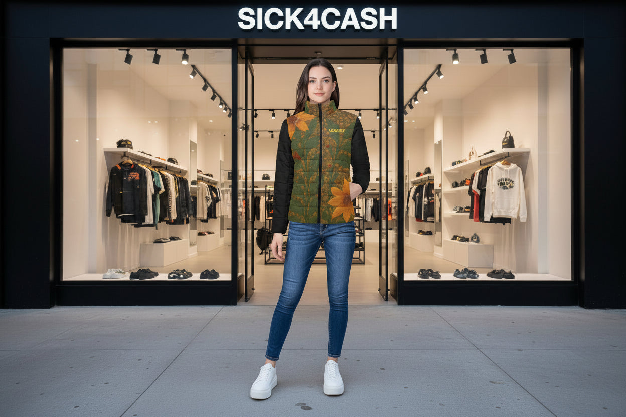 Woman standing in front of a store window display with 'SICK4CASH' branding.