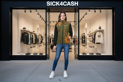 Woman standing in front of a store window display with 'SICK4CASH' branding.