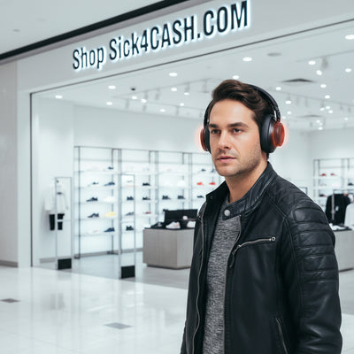Man wearing headphones with text about active noise cancellation in various settings.