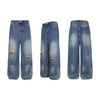 Washed Patch Embroidered Denim Pants Unisex Loose Wide Leg Straight Trousers