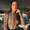 Sexy snake print long sleeved high neck jumpsuit for women