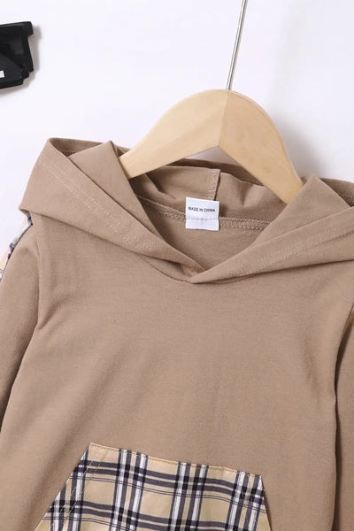 Children's Plaid Hoodie and pants Set close-up, featuring hood and pocket detail on beige fabric.