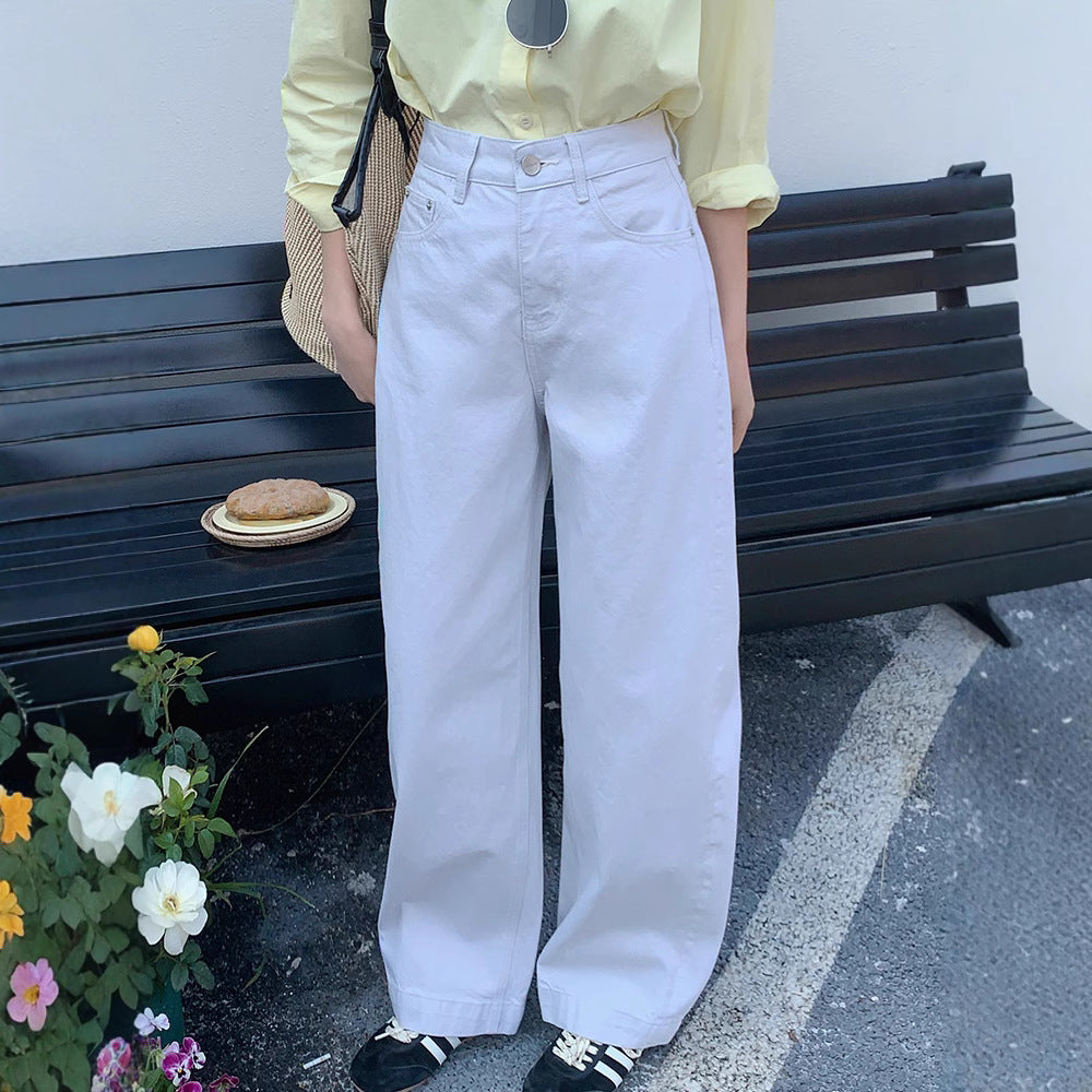 White Cotton Denim Pants – High-Waist Loose Wide-Leg Flare Trousers for Women