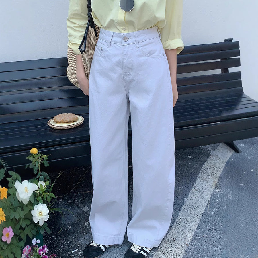 High-quality Pure Cotton White Denim Pants for Women,Loose Wide-leg Trousers with High Waist and Relaxed Fit Flare Long Pants