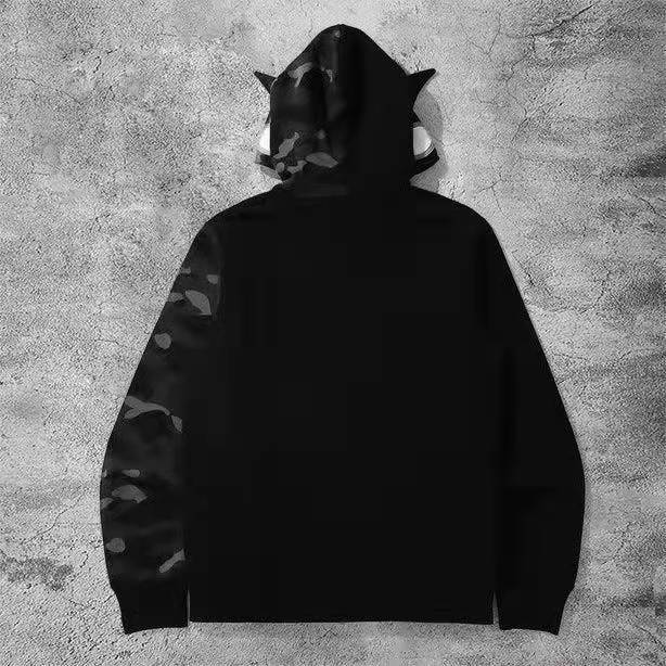 Teen Cartoon Camouflage Hoodie – Zipper Patchwork Cardigan with Bold Print & Hood