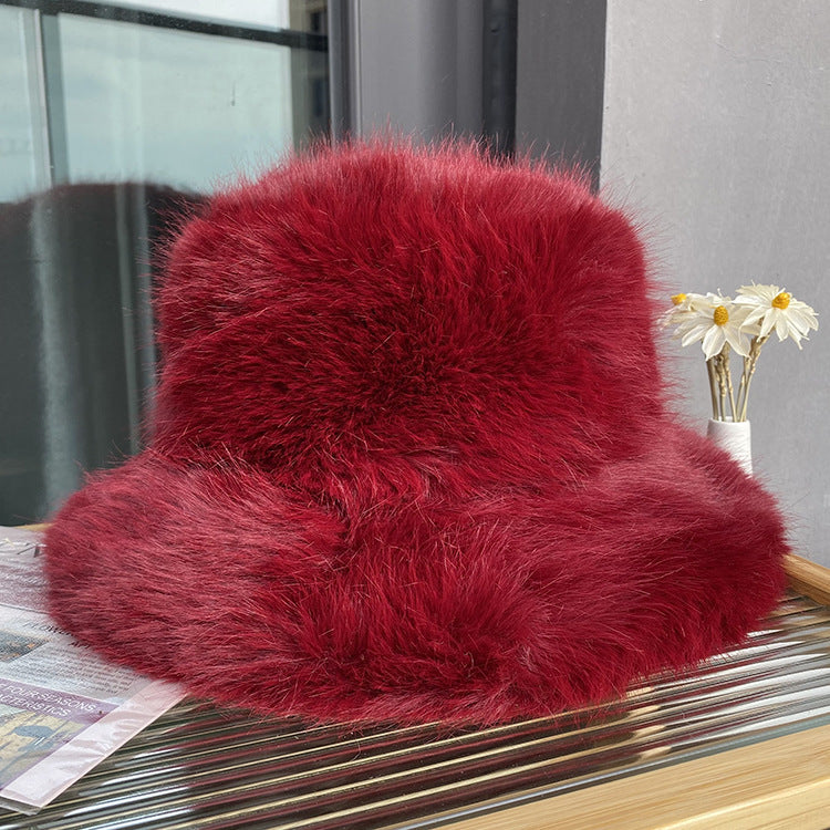 Fluffy Faux Fur Bucket Hat burgundy