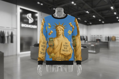 Sweatshirt with Statue of Liberty design and 'In Debt We Trust' text on a blue background