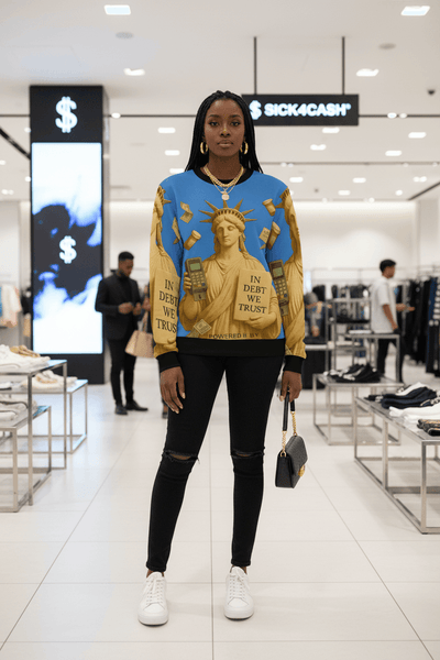 Sweatshirt with Statue of Liberty design and 'In Debt We Trust' text on a blue background