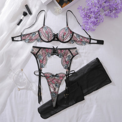 Color blocked floral embroidery pure desire perspective shaping sexy lingerie split set