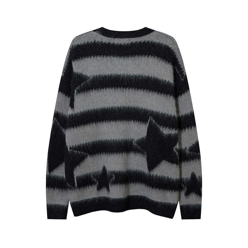 Striped Star Mohair Sweater – Unisex Loose Knit for Streetwear Couples