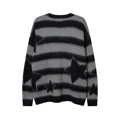 Striped Star Mohair Crew Neck Sweater Men's Loose Casual Couple Knit Top