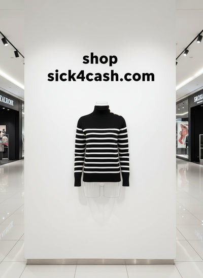 Black and white striped sweater with gold buttons worn by a person