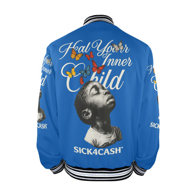 Blue jacket with white letters