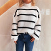 Loose striped semi high neck contrasting knit sweater pullover sweater for women