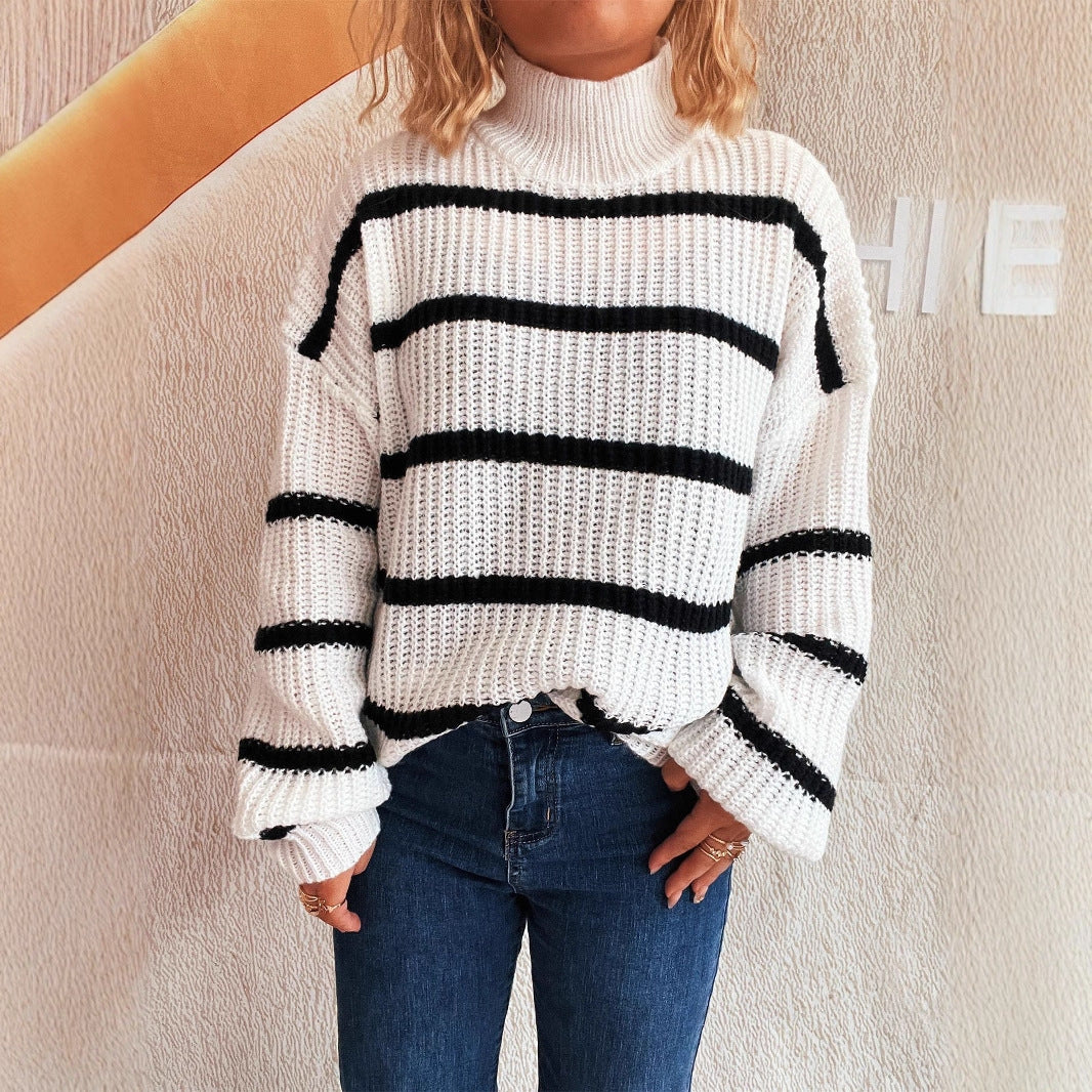 Striped Knit Pullover Sweater – Loose Fit Semi High-Neck Contrast Style for Women