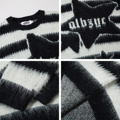 Striped Star Mohair Crew Neck Sweater Men's Loose Casual Couple Knit Top
