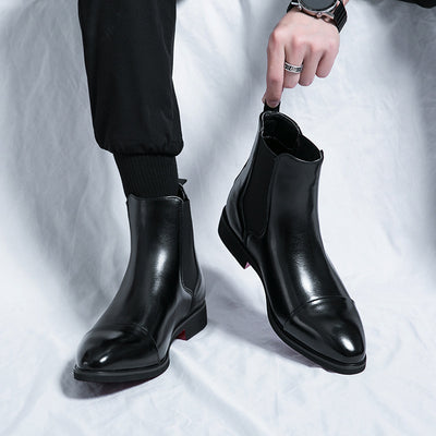 Pointed toe men's boots high top leather shoes red soles