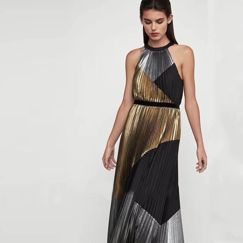 Pleated Halter Sleeveless Long Party Dress